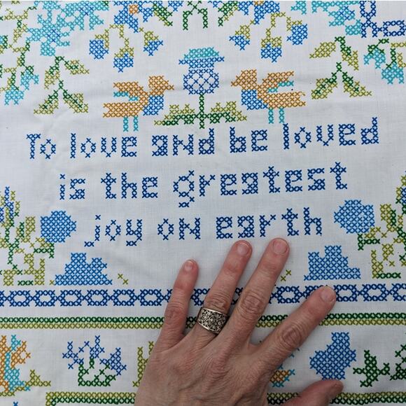 2.75 YDS Vintage 1970's FAUX CROSS-STITCH FABRIC "Home Sweet Home" Cotton Blend - Picture 6 of 10